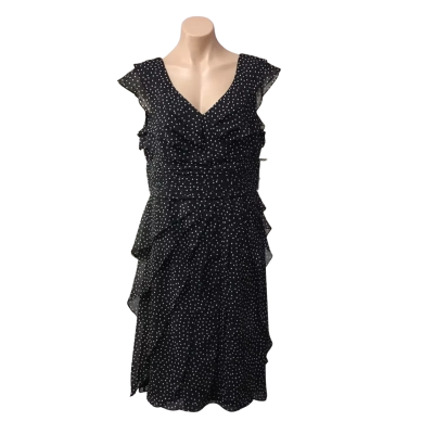 Adrianna Papell Womens Size 14 Black / Ivory Spotted Sleeveless Ruffled Midi Dress (new) 