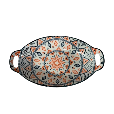 Morocco White / Blue / Orange Pattern Oblong Ceramic Serving Plate