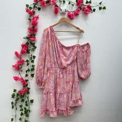 Lorraine Womens One Shoulder Long Sleeve Floral Dress Size 16 Floral / Pink  