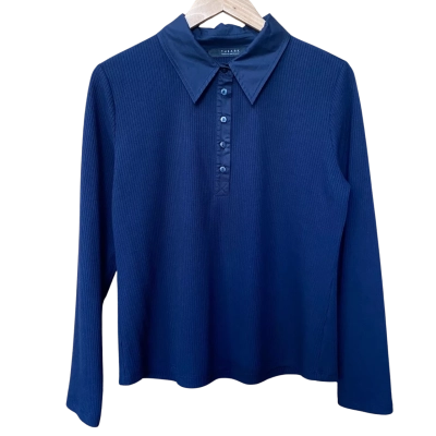 The Ark Navy Blue Collared Ribbed Top Size M