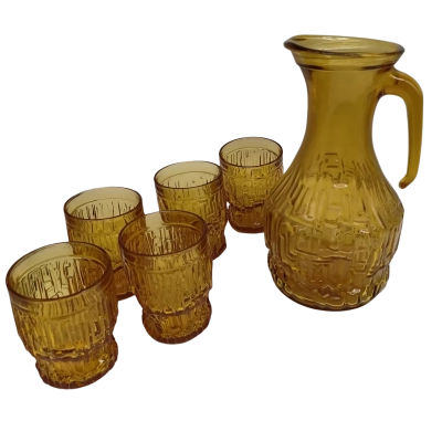 Vintage Italian Amber Glass Pitcher & 5 Glasses