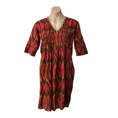 Tree of Life Womens Size S Khaki Green / Orange / Pink Pattern V-neck Short Sleeve Midi Dress