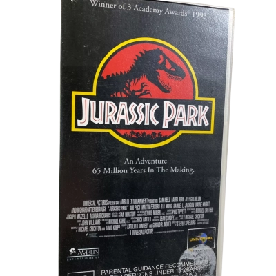 vintage 1993 Jurassic Park VHS Tape enclosed in a standard plastic clamshell case
