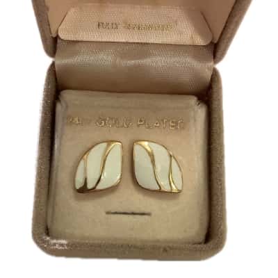 Vintage Bijoux Womens Earrings 24ct Gold Plated / White Enamel