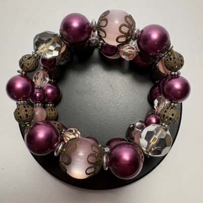 Elastic 3 Layered Purple Beaded Costume Bracelet 