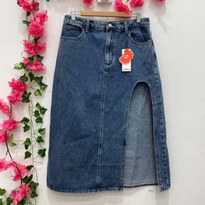 Cider Womens High Solid Slit Denim A Line Midi Skirt Size L Blue 