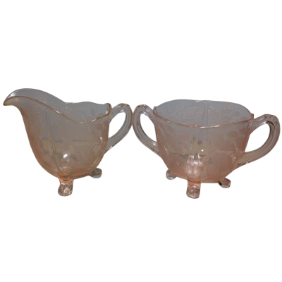 REDUCED - Pink Depression Glass Sugar Bowl + Creamer Set