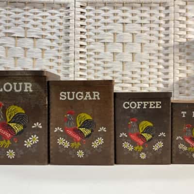 Set 4 Vtg Wooden Rooster Nesting Kitchen Canisters Coffee Sugar Flour tea Containers
