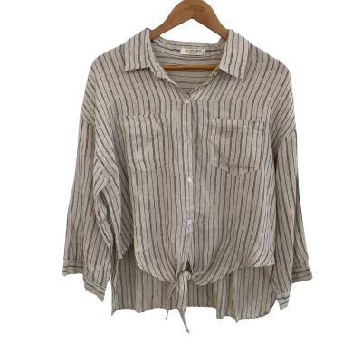 Worthier Womens Linen Size L / M Button Up Top / Long Sleeve Top Beige / Black  / Grey / Striped 