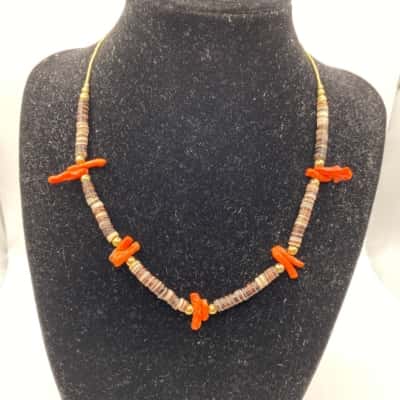  Womens Beaded Necklace Brown / Coral / Grey / Off White 