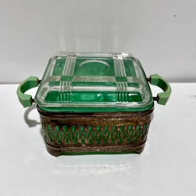 Vintage EPNS Square Lidded Serving Dish with Green Depression Glass Ribbed Insert