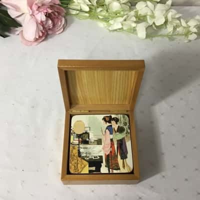Set of 6 Japanese Pattern Square Cork Backed Coasters in Wooden Storage Box
