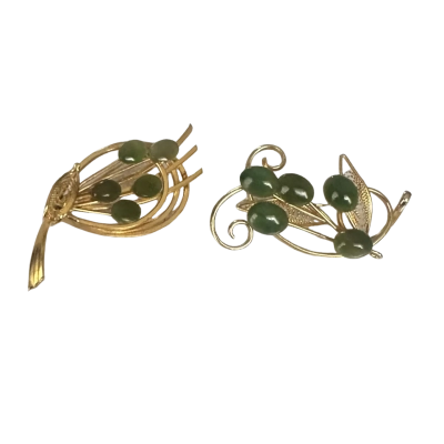 Green Stone Womens Brooch Gold Tone x2