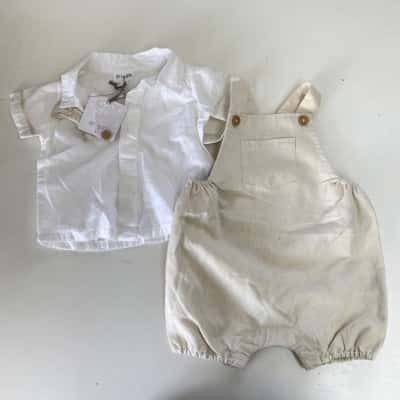 Origami White Beige Natural Short Sleeve Shirt With Onesie Pants Size 0 