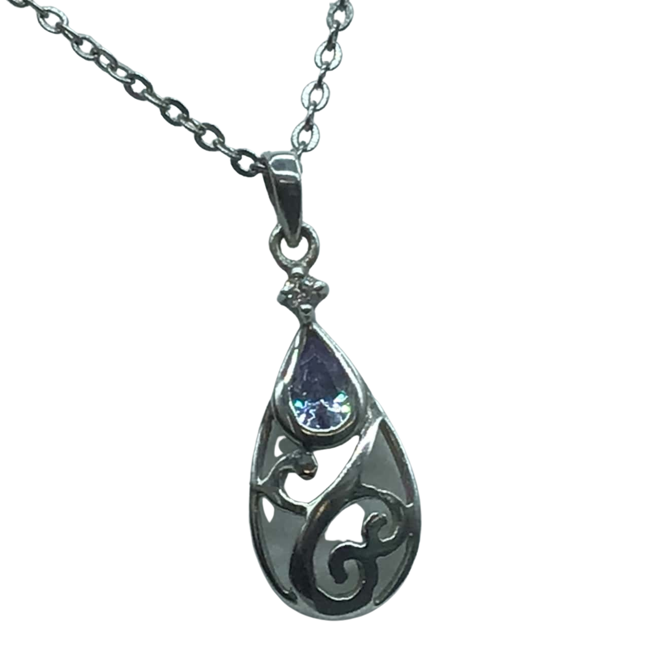 Beautiful 925 Stamped Necklace Silver Filigree Drop With Synthetic