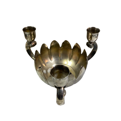 Vintage Silver Plate Lotus Flower Bowl With Three Candle Holders