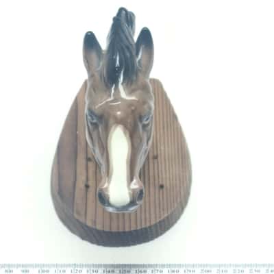 Vintage Ceramic Horse Head Wall Plaque Mounted Timber Base Equestrian Art
