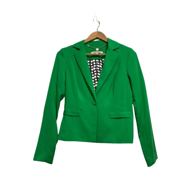 Review, Womens, Size 8, vibrant green suit jacket with black and white inside