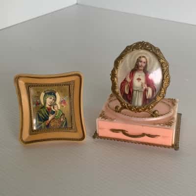 Vintage Mid-Century Catholic Devotional Pair - Vanity Box & Frame