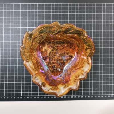 Carnivale Glass Triangle Indiana Marigold Iridescent Loganberry Candy Dish BB owl 