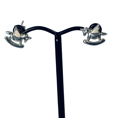STIRLING SILVER FLYING ROCKING UNICORN STUDS with what looks like white enamel on wings