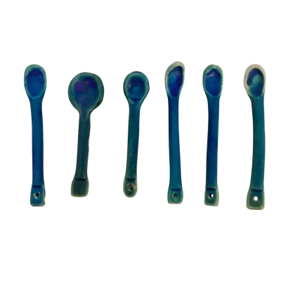 6 Tiny Blue Pottery Spoons