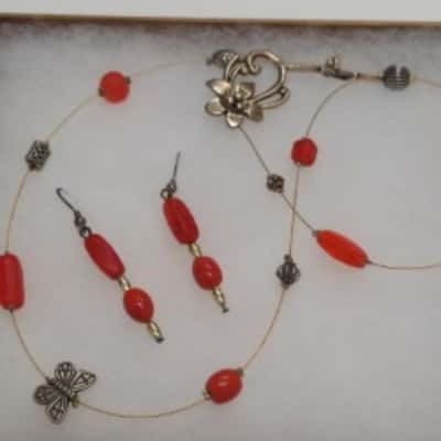 Red Bead Necklace and Earring Set