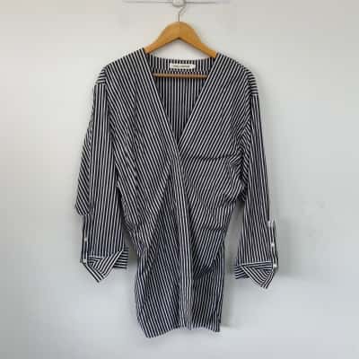 C&M Camilla and Marc Grey White Striped Long Sleeve Shirt Mini Dress Size 12 