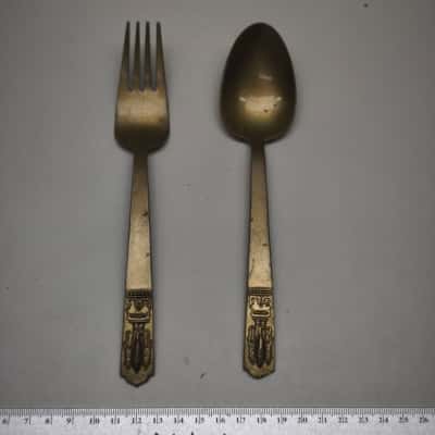 Vintage Thai Brass Serving Set Spoon Fork Elephant Erawan Relief 21cm