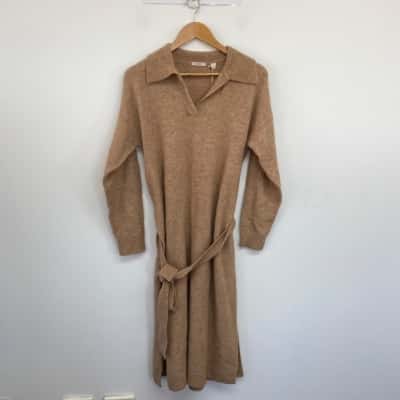 Trenery Light Camel Long Sleeve Knit Polo Dress  Size M