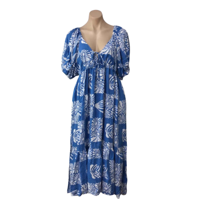 Vine Apparel Womens Size 14 Blue / White Pattern Short Sleeve Midi Dress 