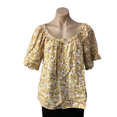 French Connection Womens Size 8 White / Yellow / Brown / Floral 100% Linen Short Sleeve Top