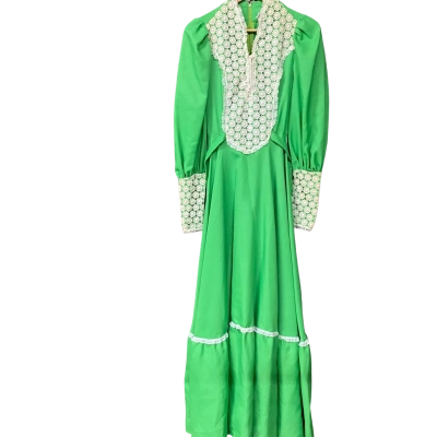 Vintage Womens Bright Green Cream Lace Dress