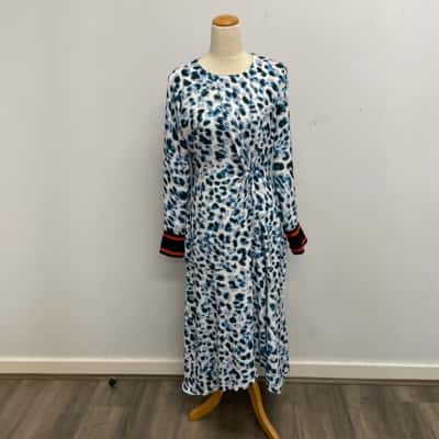 Vestire Super Classy/ Blue Mottled Pattern with Unusual Black & Red Cuff Detail /Side Gather Dress Size 12 - Brand New with Tags - RRP $279.00