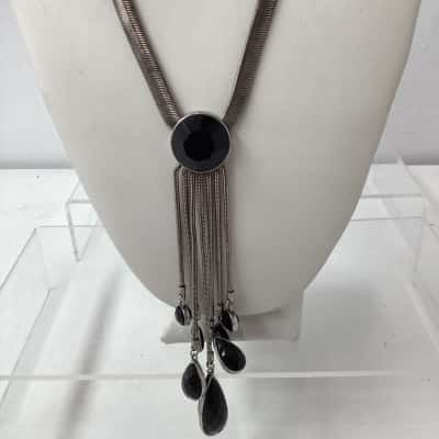  Womens Necklace and Earing set silver tone with black plastic drops