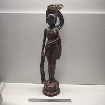 Vintage Balinese Thai Female Dancer Resin Statue Faux Bronze Gold Accent Lotus Base Figurine