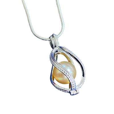  Womens ‘cage’ golden freshwater pearl Stirling silver 21cm drop Necklace 