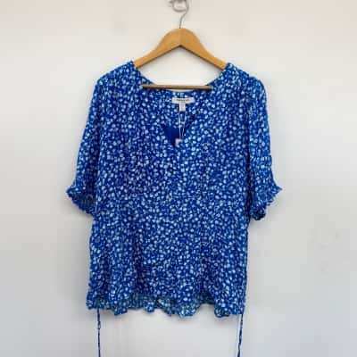Forever New Cobalt Clifton Ditsy Aisha Curve Printed Tie Waisted Blouse Top  Size 20 