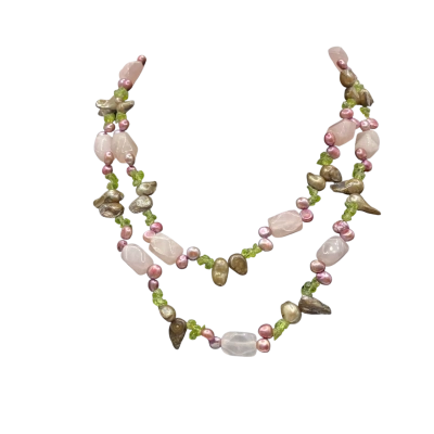 Women’s Pink Rose Quartz , Green Tourmaline, Pink Seed Pearls and Smokey Brown Baroque Pearl Necklace