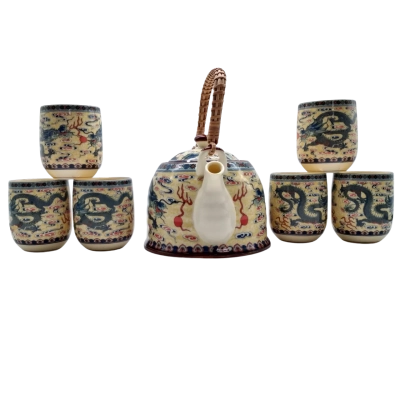 GOLDEN DRAGON ORIENTAL TEA POT WITH 6 CUPS