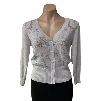 Jeanswest Womens Size M Pale Grey / Silver Metallic Fleck Lacy Pattern Button-down Cardigan 