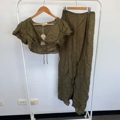 Meshki Khaki Fatima Linen Crop Top And Wrap Maxi Skirt Size L 