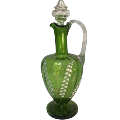 Green Glass Wine Decanter Bottle & Glass Stopper With White Lily Of The Valley Flowers