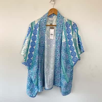 W-Lane Blue Green Beaded Tile Kimono Size 14 