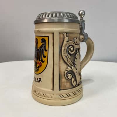Geez German Goslar Stoneware Beer Stien with hinged pewter lid