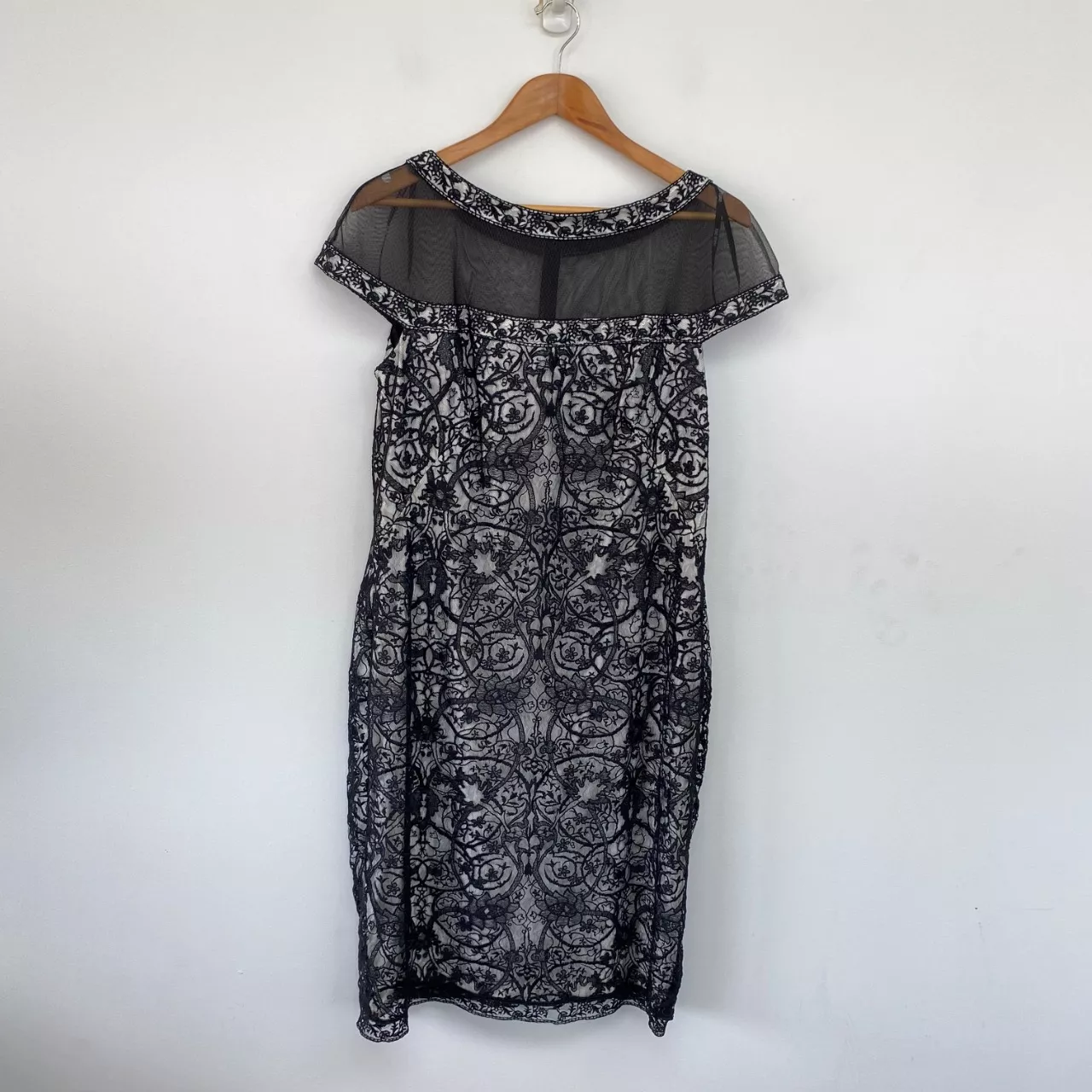 Tadashi Shoji Black Floral Lace Mesh Sleeve Midi Dress Size 16 (s)