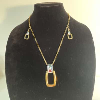 Gold and Silver Toned Pendant with Matching pierced Earrings 