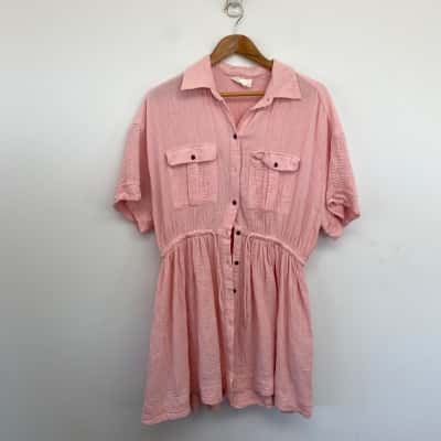 Ceres Life Organic Pink Short Sleeve Button Up Mini Dress  Size L 