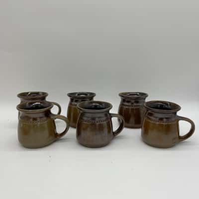 Vintage Set of 6 'Bendigo Pottery' Brown Glazed Mugs [S#7]