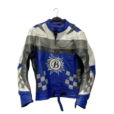  Mens Fully Padded Leather Motorbike Jacket Size L Blue / Grey / White 